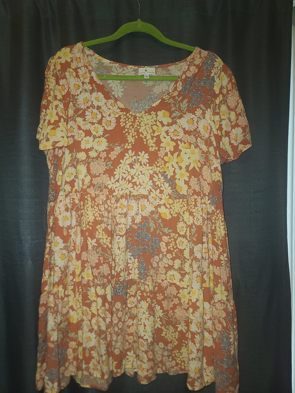 True Craft Floral Tiered V-Neck Tunic in Rust and Yellow